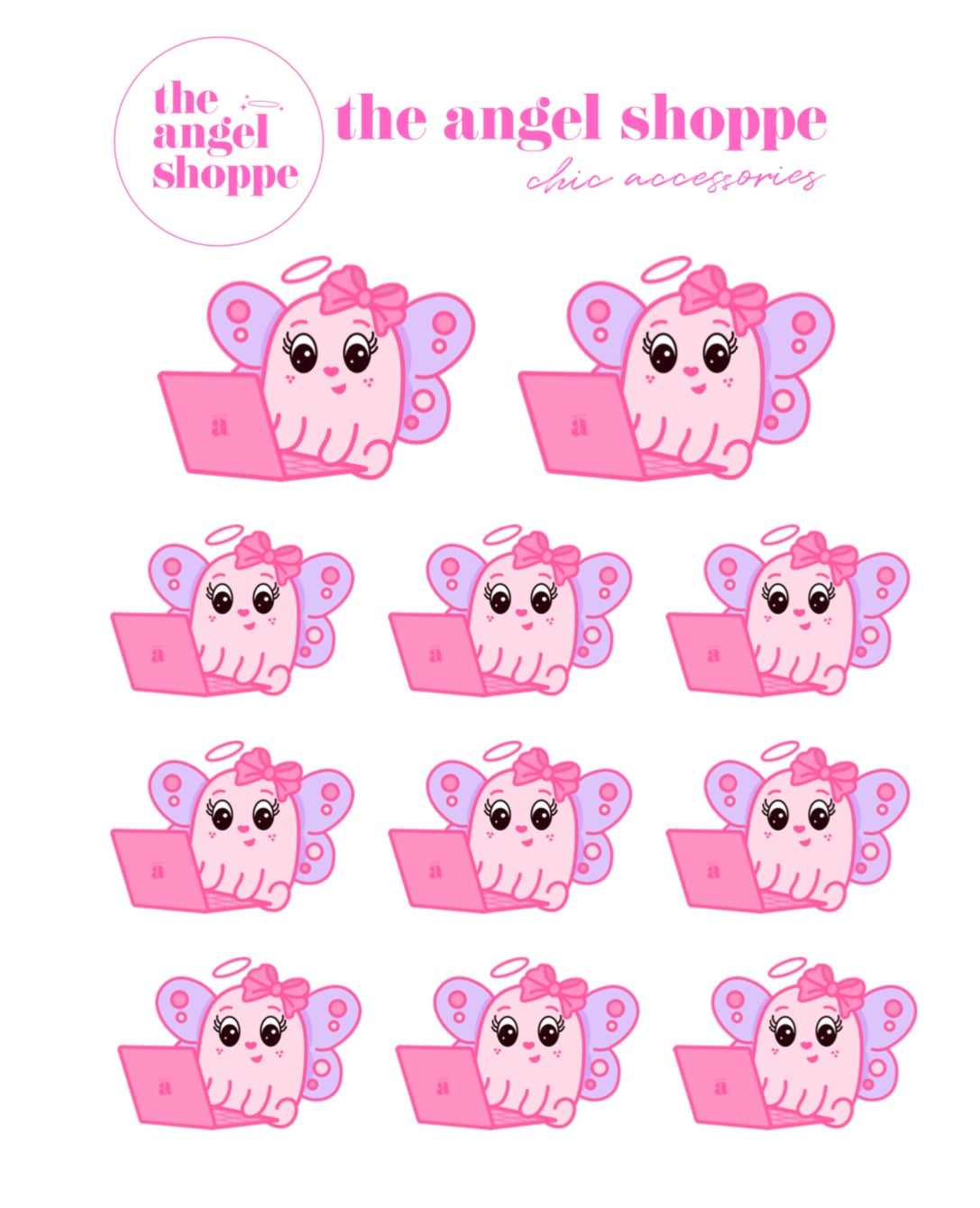 Angel on laptop (working, playing games, video chat, school work) -  character stickers