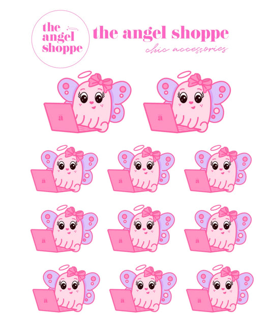 Angel on laptop (working, playing games, video chat, school work) -  character stickers