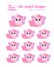 Angel on laptop (working, playing games, video chat, school work) (clear matte stickers)