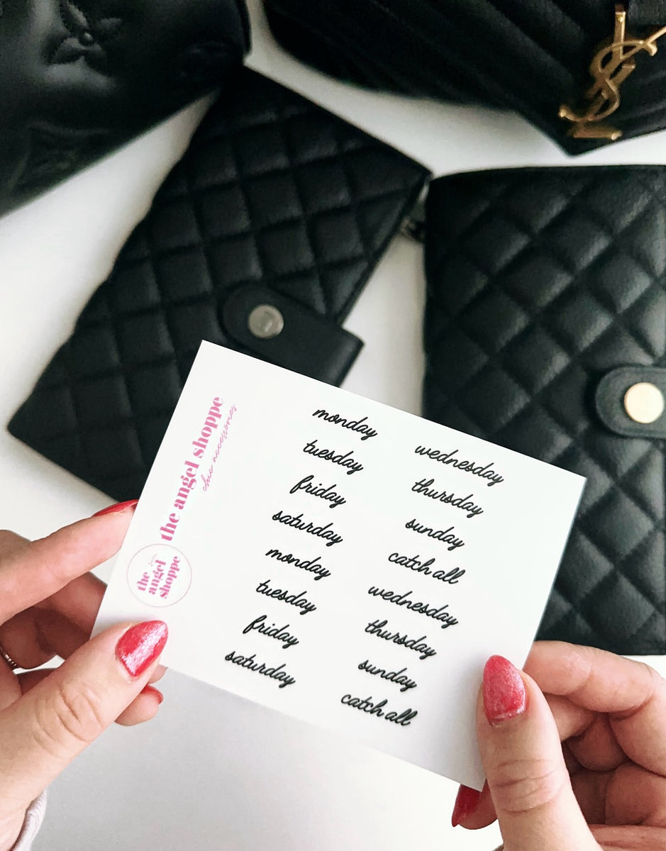 Cursive font days of the week (LONG) stickers in black (clear matte st ...