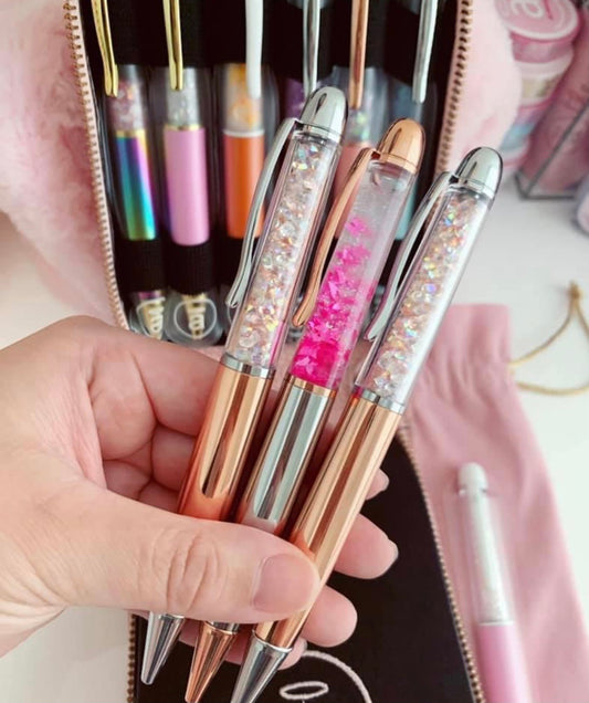 ENCHANTED special pen case pen - Silver barrel with rose gold hardware and pink butterflies